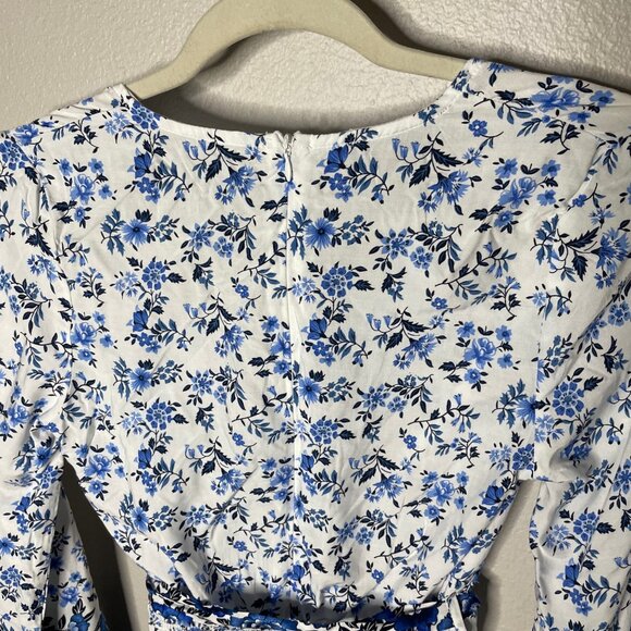 ASOS Parisian Long Sleeve Romper Size 6 Petite Floral Border Print Blue 6P - Picture 8 of 12